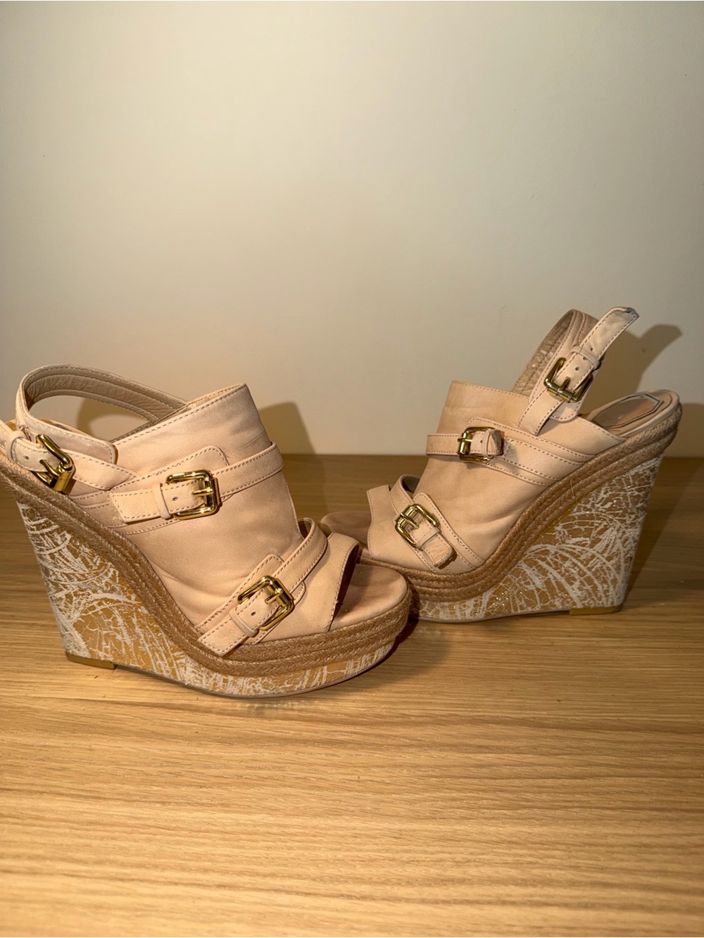 Donald J. Pliner Nude Beige Wedge Sandals with Gold Buckles